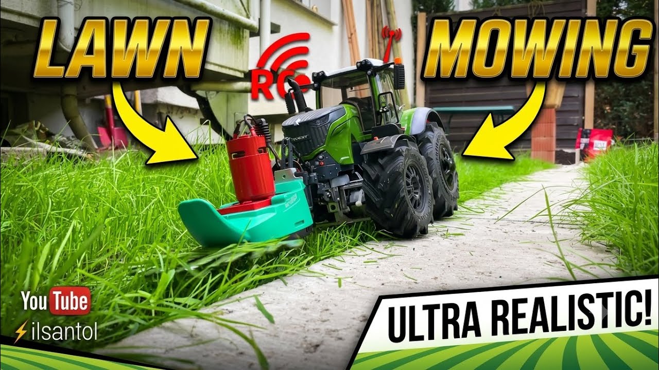 Cutting lawn with remote controlled tractor