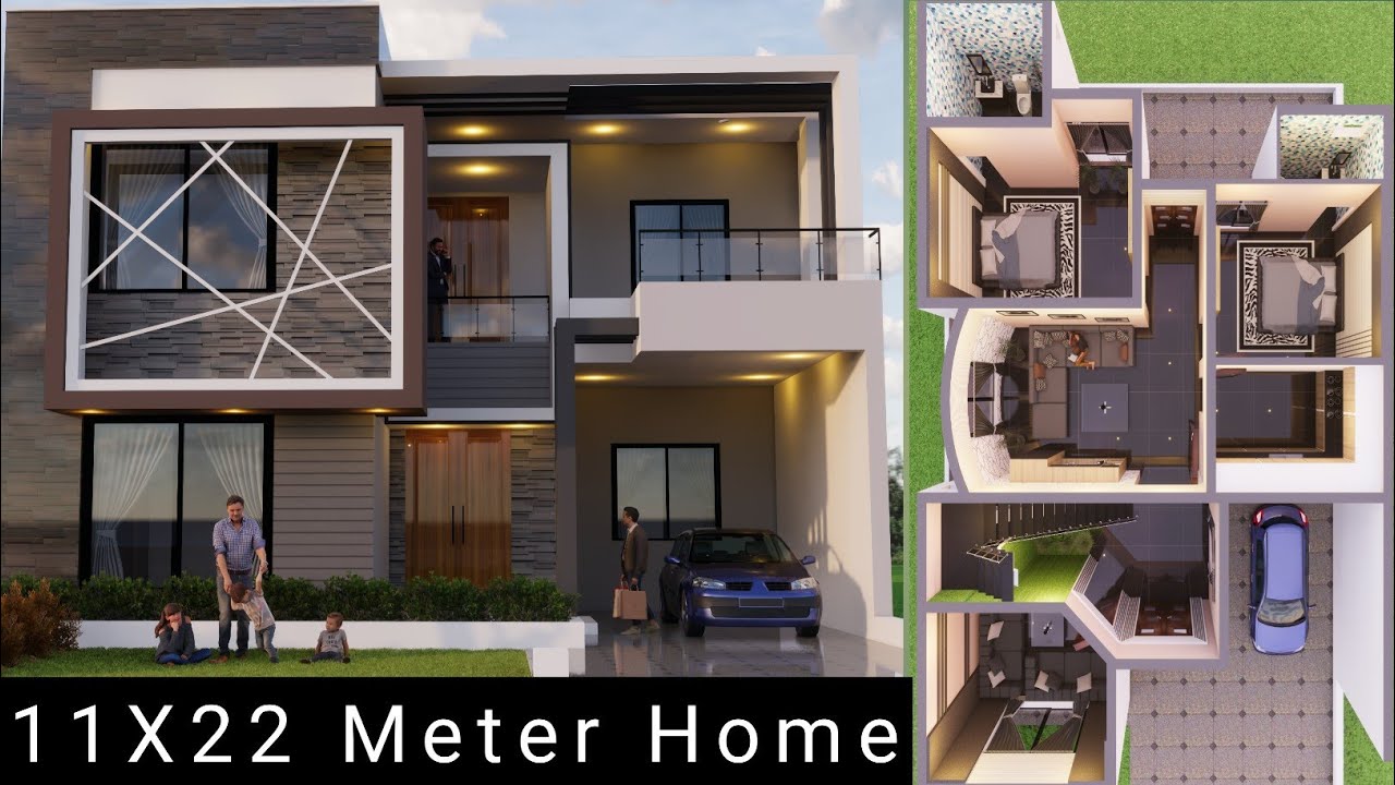 3D Interior Home Design Plan 11X22 Meter | 37'X73' With 4beds