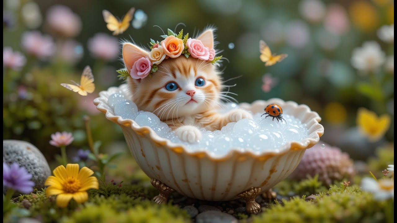 Tiny Cat’s Luxury Bubble Bath in a Seashell – Too Cute to Handle!  