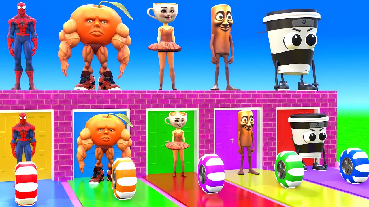 Playing as Spideman in Long Slide Game with Cow Elephant Gorilla - 3d Animal Game - Funny 3d Animals