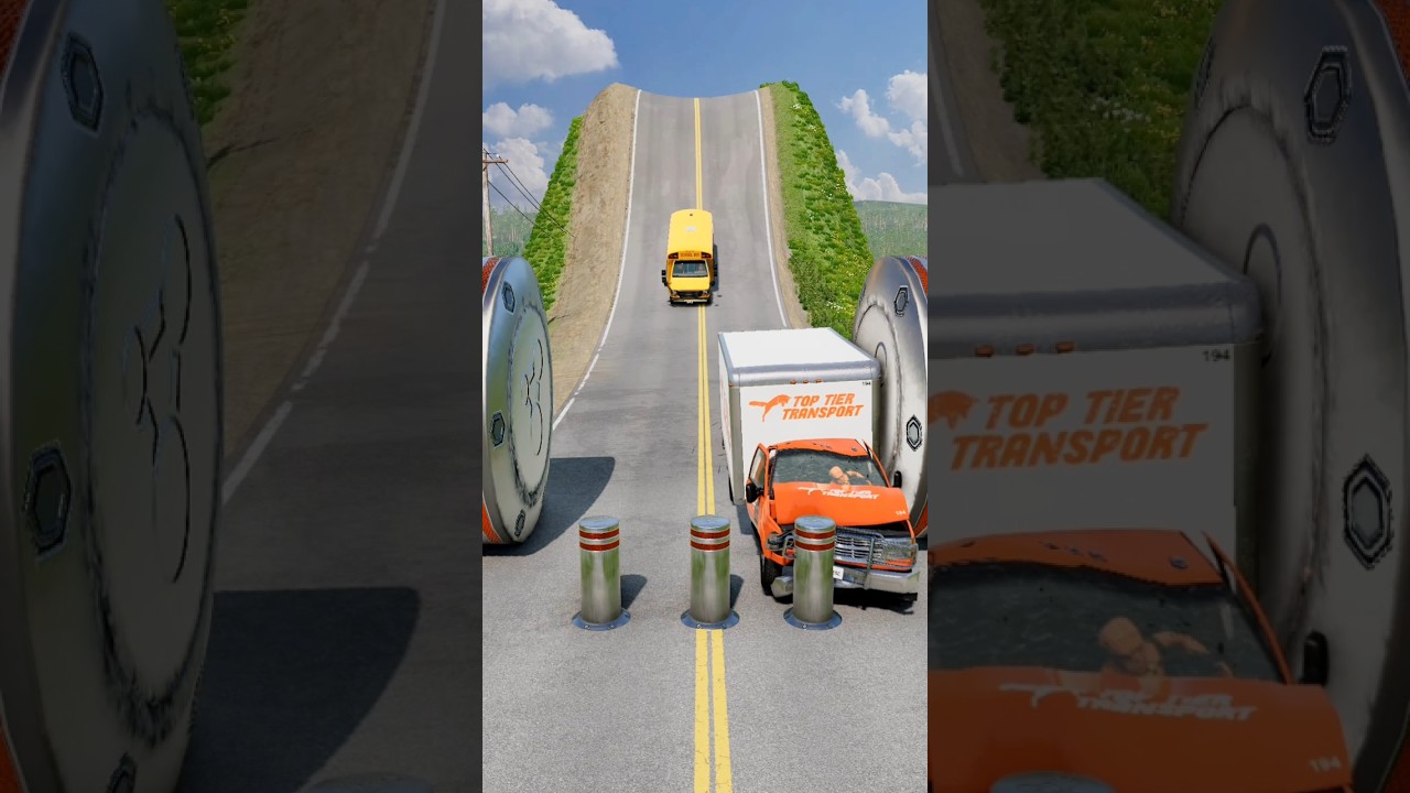 Ambulance, Car & School Bus vs Hydraulic Bollards Crash - BeamNG.Drive #shorts #beamngdrive #bus