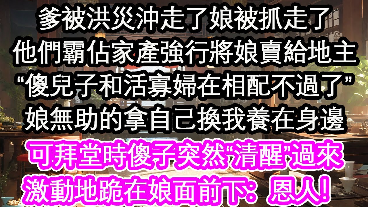 爹被洪災沖走了娘被抓走了他們霸佔家產強行將娘賣給地主“傻兒子和活寡婦在相配不過了”娘無助的拿自己換我養在身邊可拜堂時傻子突然“清醒”過來激動地跪在娘面前下：恩人！【花開】【愛情】【生活】