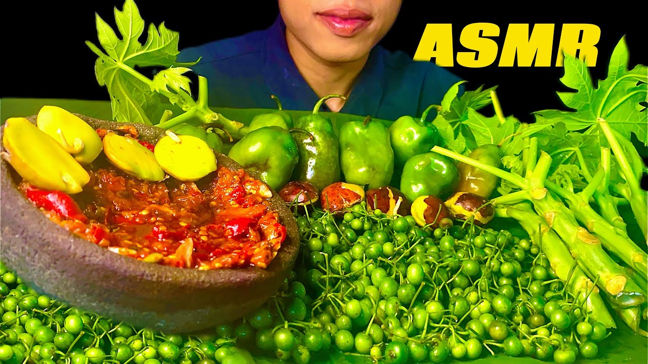 ASMR LALAPAN MENTAH TANPA NASI CABE GENDOT, LEUNCA, BATANG PEPAYA + JENGKOL MUKBANG INDONESIA