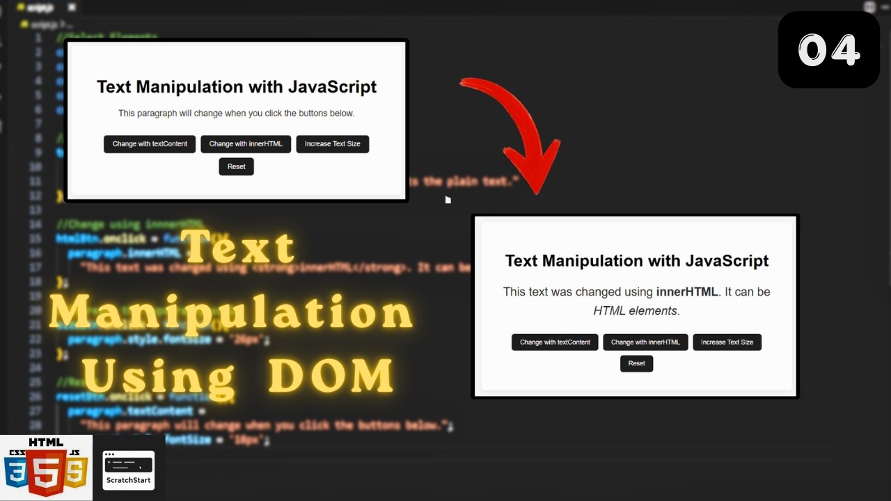 Text Manipulation Using JavaScript DOM | Exploring JavaScript Day 4 | ScratchStart