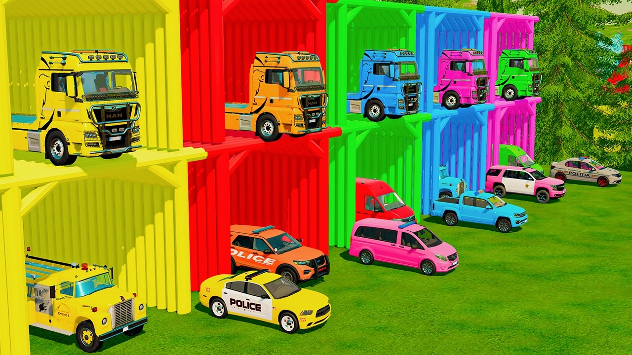 TRANSPORTING POLICE CARS, AMBULANCE, FIRE TRUCK, COLORFUL CARS WITH TRUCK | FARMING SIMULATOR 22