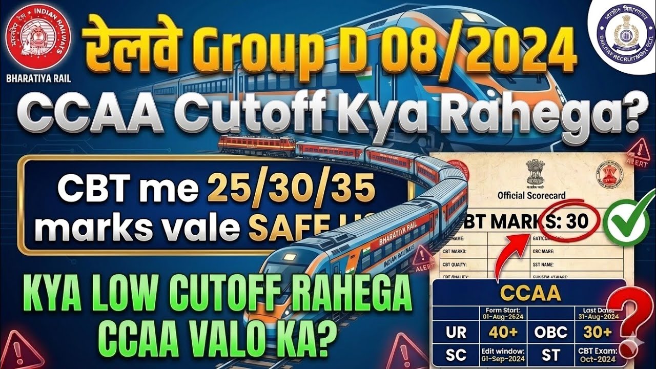 Railway Group D 08/2024🥳 CCAA CutoffAnalysis | CBT Safe Score 25/30/35 Marks? #ccaa #railway #train