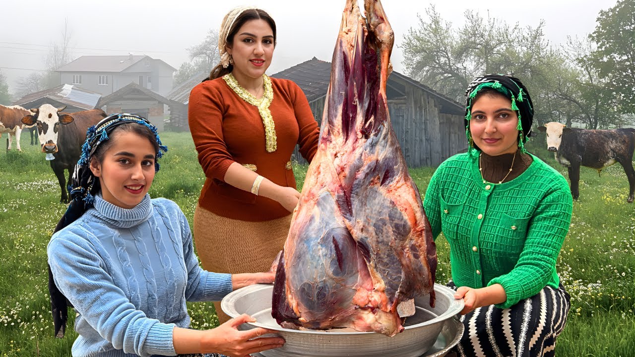 Feeding a Whole Village : Cooking Big beef Leg to Make Delicious Kebab and Stew