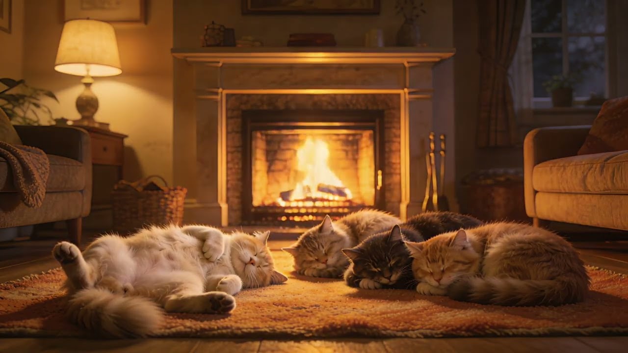 Instant Calm 🐾 Sleeping Cats by the Fireplace | Stress Relief Ambience