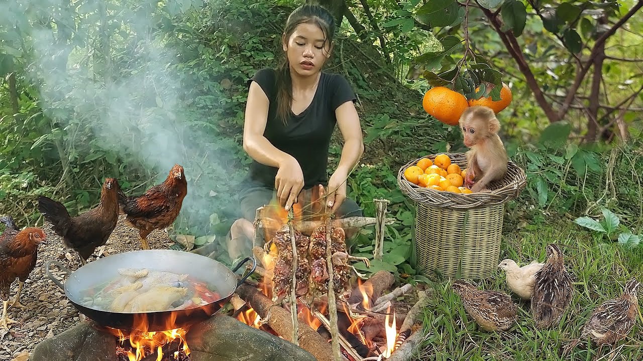 Survival skills in forest, Found and Catch quail for jungle food, Quail grilled tasty Chicken soup