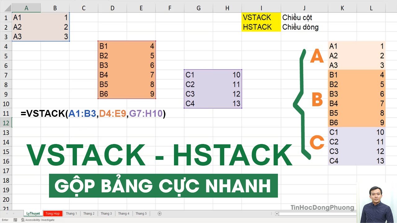 Gộp nhiều bảng thành một bảng bằng hàm VSTACK và HSTACK (kết hợp nhiều Sheet)