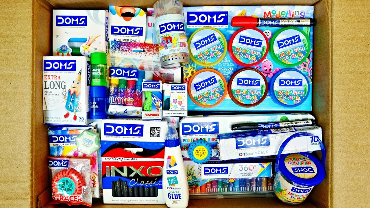 Unboxing DOMS Stationery, Brush Pen, Wax Crayons, Eraser, Sharpener, Pencil, Oil Pastel, @domsindia