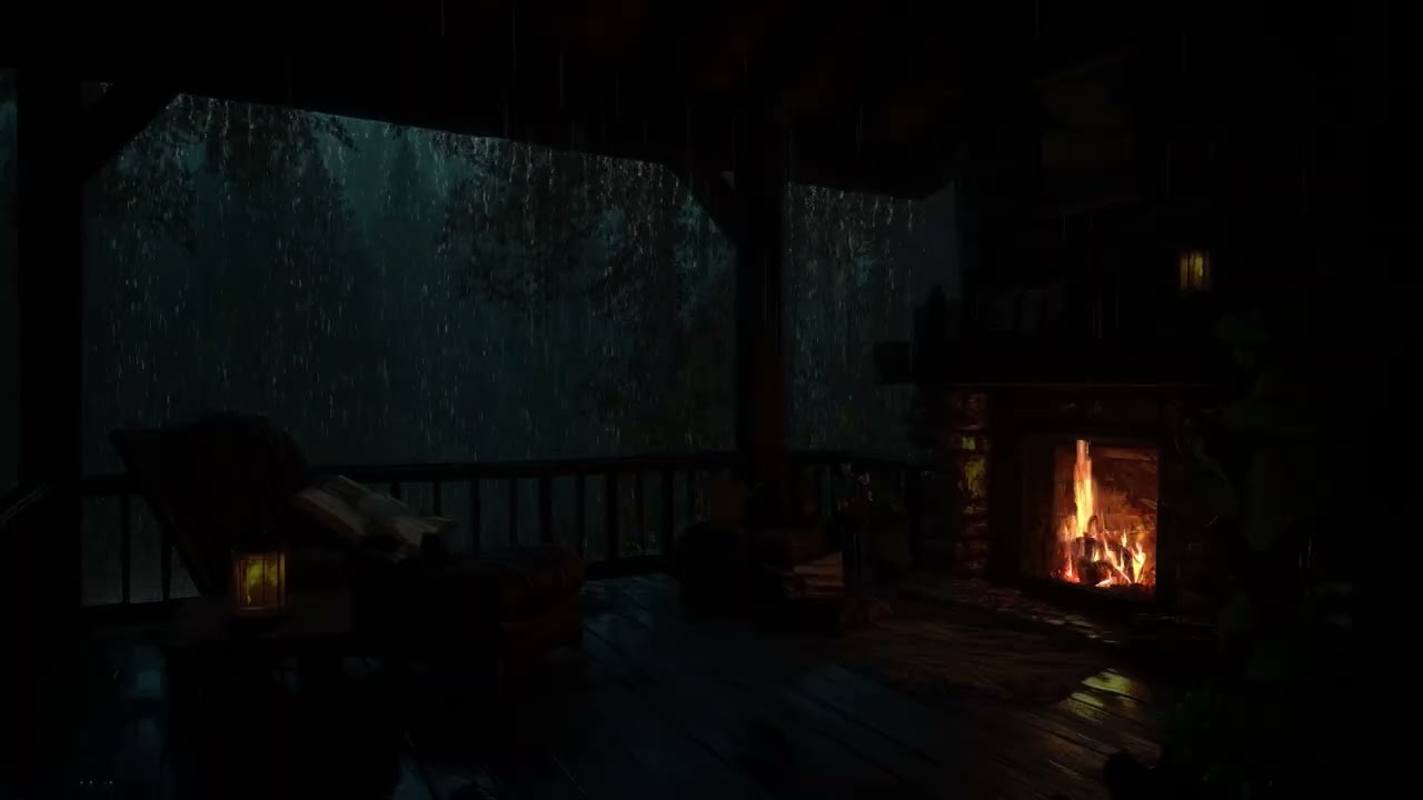 No Ads🔥 Thunderstorm on Tin Roof Porch | Cozy Fire, Soft Rain & Distant Thunder in the Forest