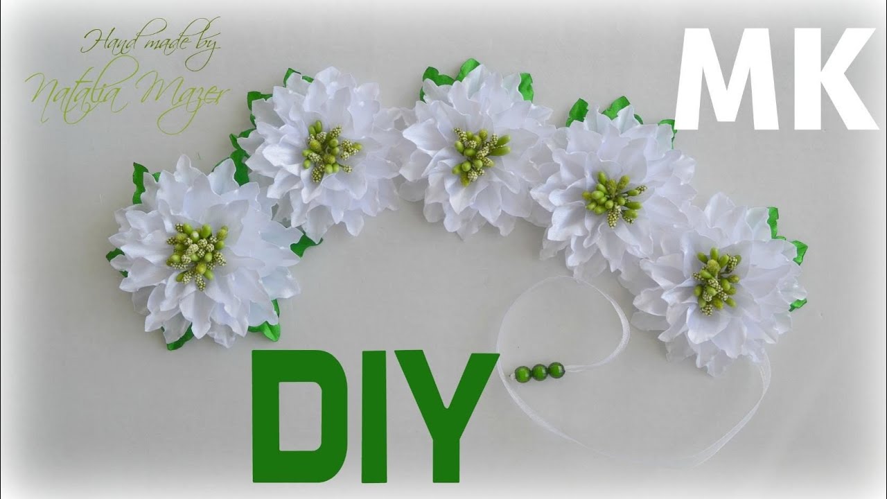МК Лента в косу на изумрудную свадьбу. DIY Kanzashi Ribbon Braid Flower tutorial