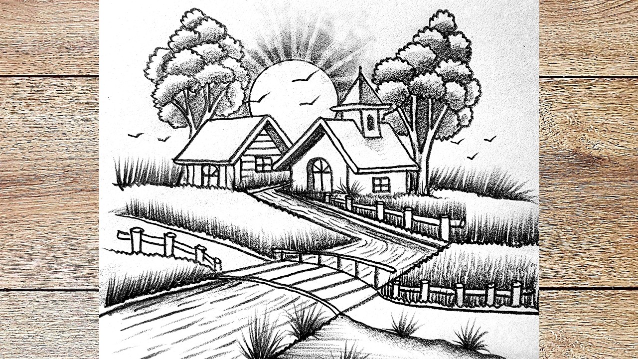How to drawing canal landscape using pencil