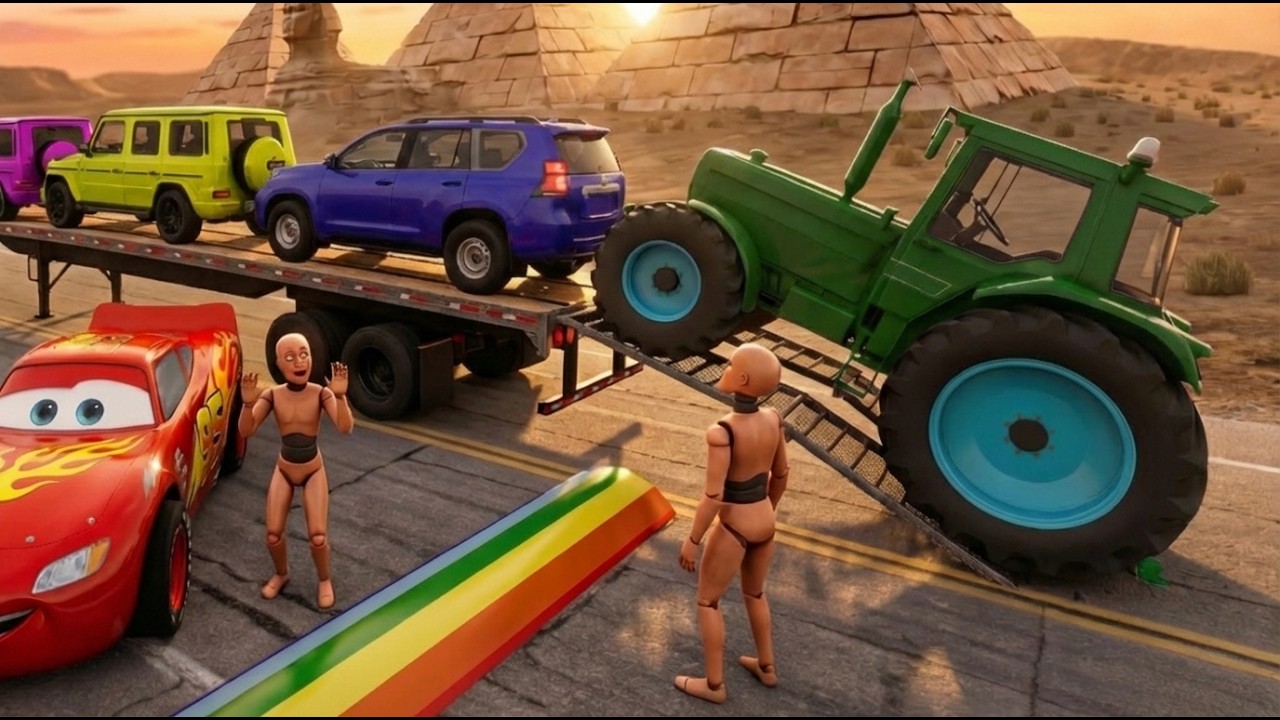 TRANSPORTING PIXAR CARS & FRUITS WITH COLORED & JOHN DEERE vs CLAAS vs TRACTORS - BeamNG.drive #66