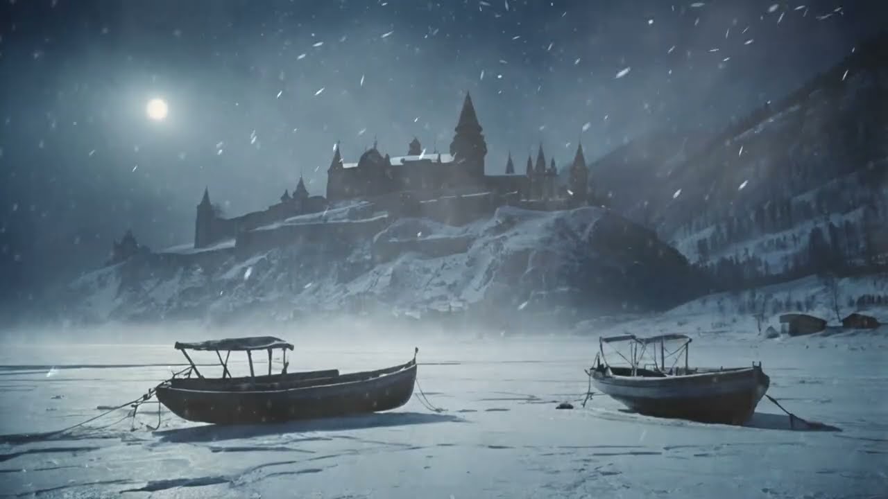 Sounds of Relaxing Snowstorm on Mountain Lake and Stone Castle. Howling Winds and Blizzard for Sleep