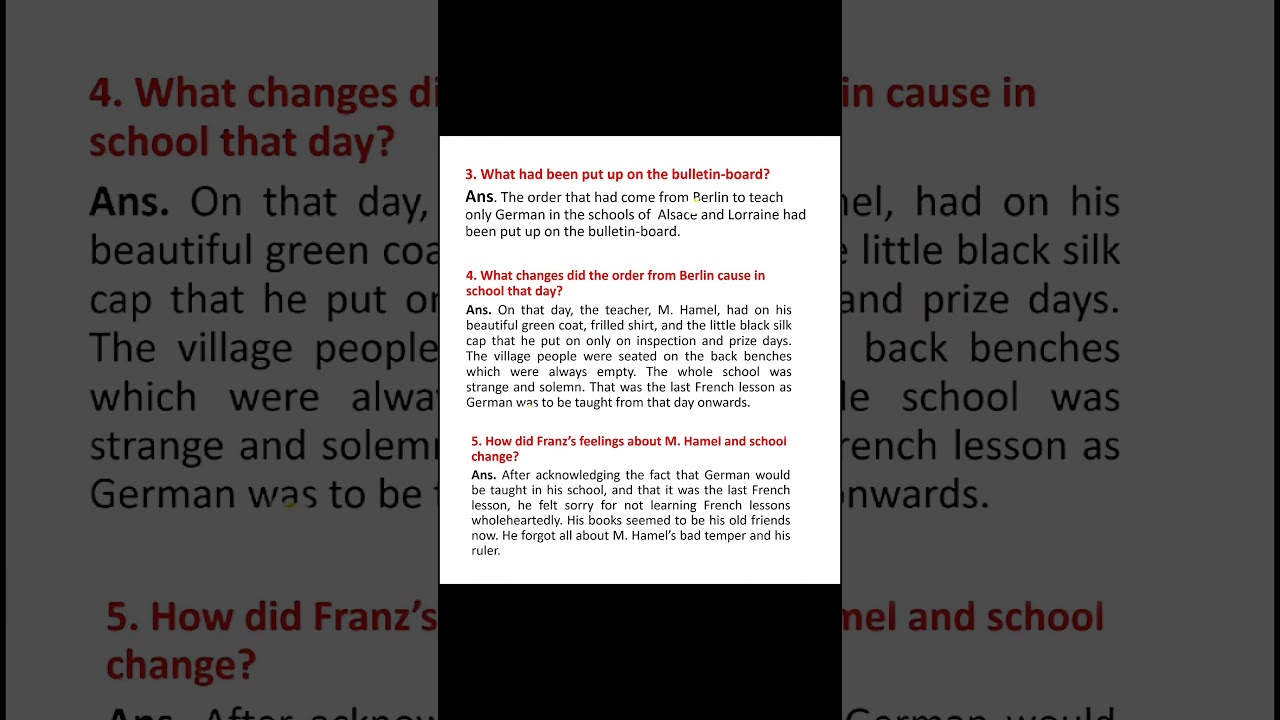 important question  class 12th English (flamingo) chapter -1 The Last Lesson #shorts