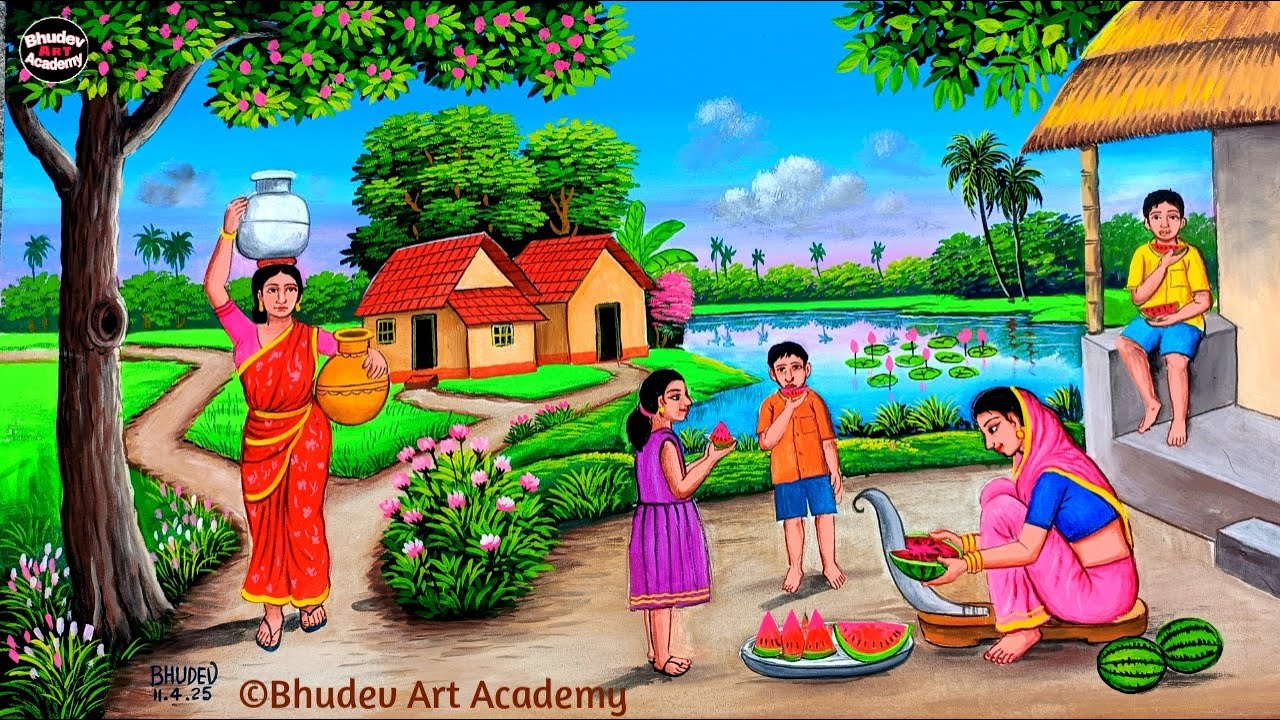 Indian Village Women Painting|Beautiful Indian Village Scenery Painting With Earthwatercolor