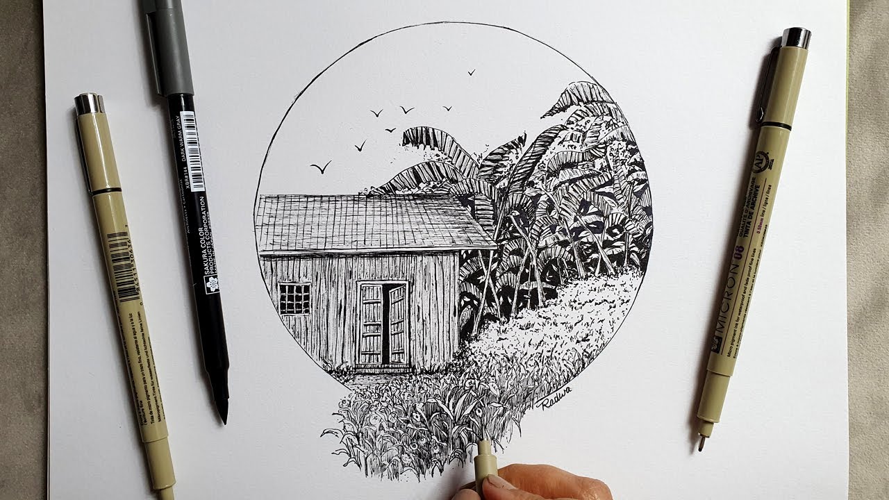 How to Draw A House With Landscape | Pen & Ink Drawing #9