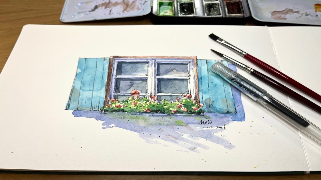Ink and Watercolor Window with Flowers | Warm & Cool Colors | Loose Style (VO)