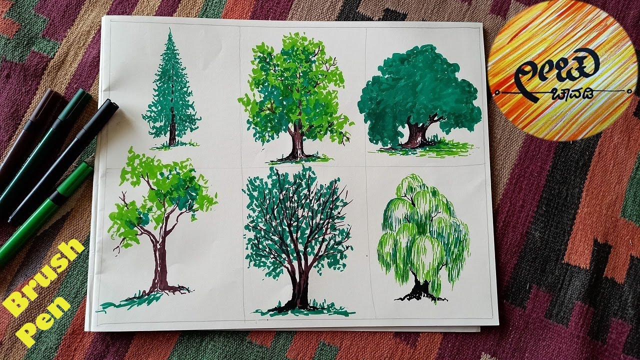Brush Pen Art / 6 variety of Trees using Camlin Brush Pens (world environment day special)