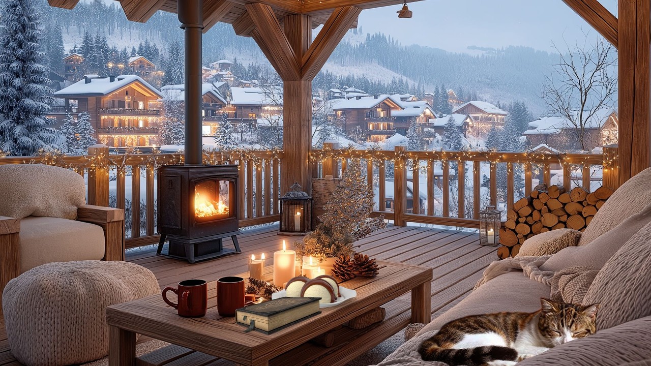 Winter Mountain Village Evening | Cozy Fireplace Porch & Peaceful Instrumental Music
