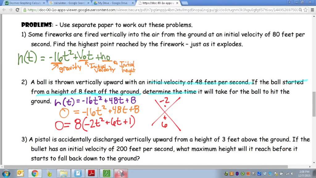 Common Core Math: Projectile Motion Quadratic Modeling Example