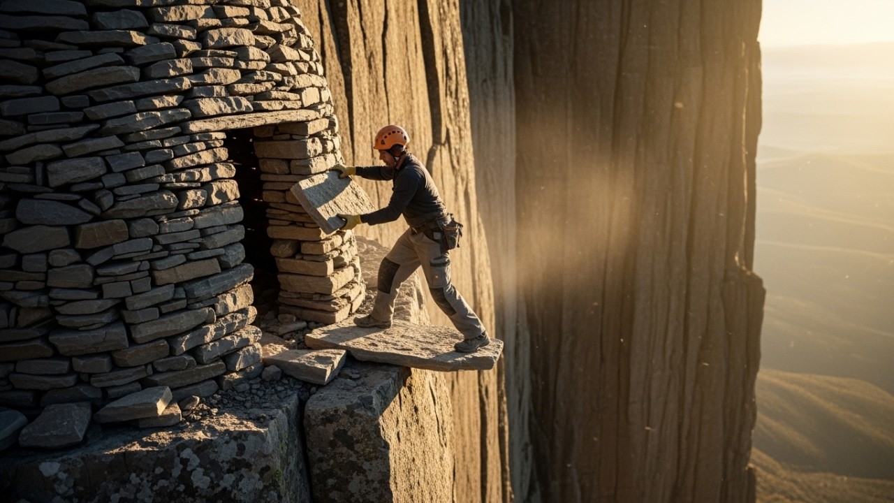 Building a stone shelter on a vertical cliff edge — One wrong move and it's over