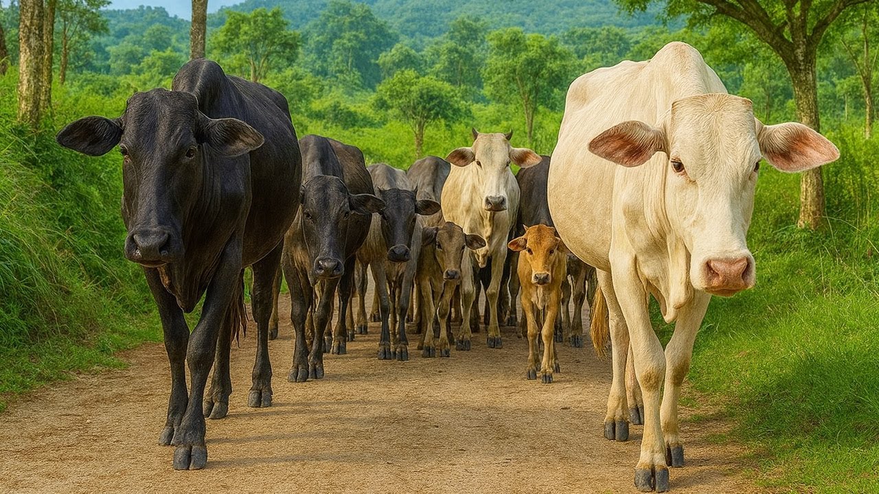 Puluhan sapi berjalan dan beraktivitas Di ladang, Suara sapi Moo, kawanan Sapi lucu di ladang rumput
