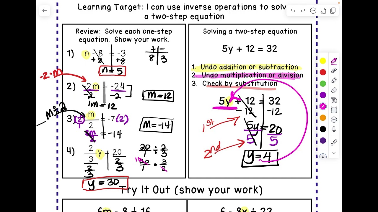 First Page of Packet (one and two step equations)