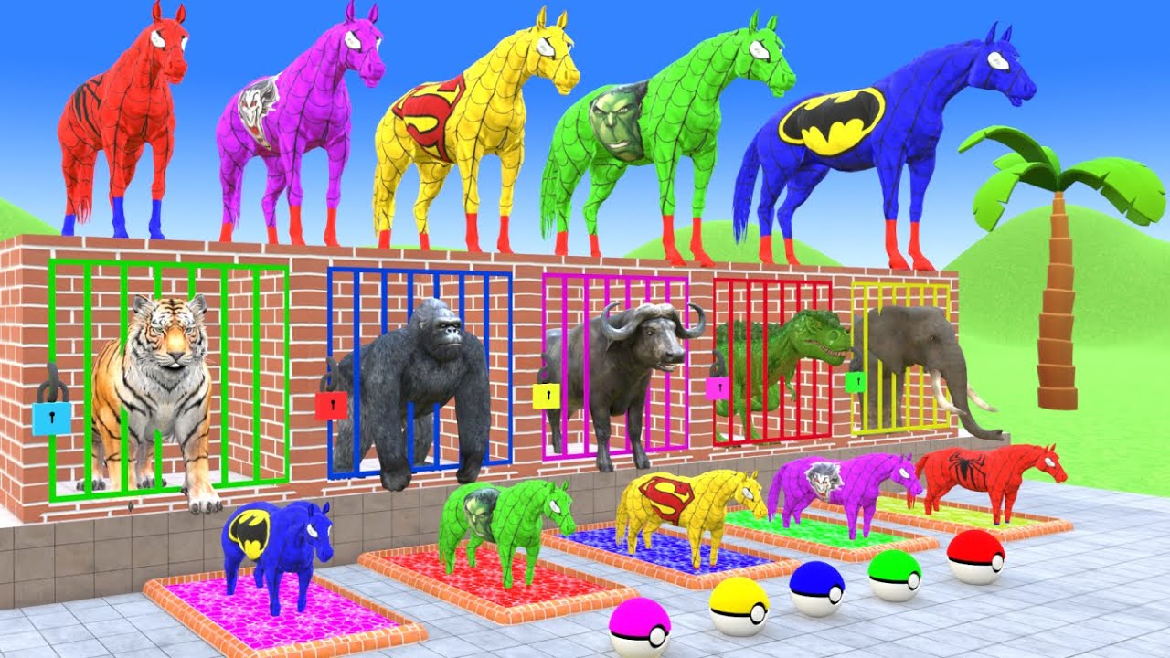 Long Slide Game With Elephant Cow Buffalo Gorilla Tiger T rex   3d Animal Game   Funny 3d Animals