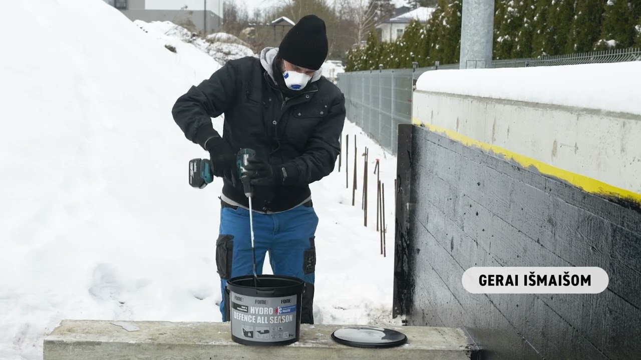 Pamatų hidroizoliacija šaltu metų laiku su hidroizoliacija Fome Flex Hydro Defence All Season