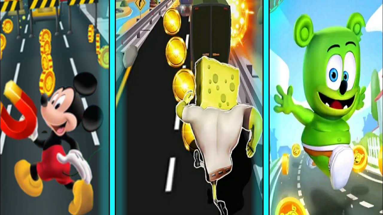 Subway Sponge Neighbor Dash VS Gummy bear run endless runner VS Mickey Epic Run Gameplay