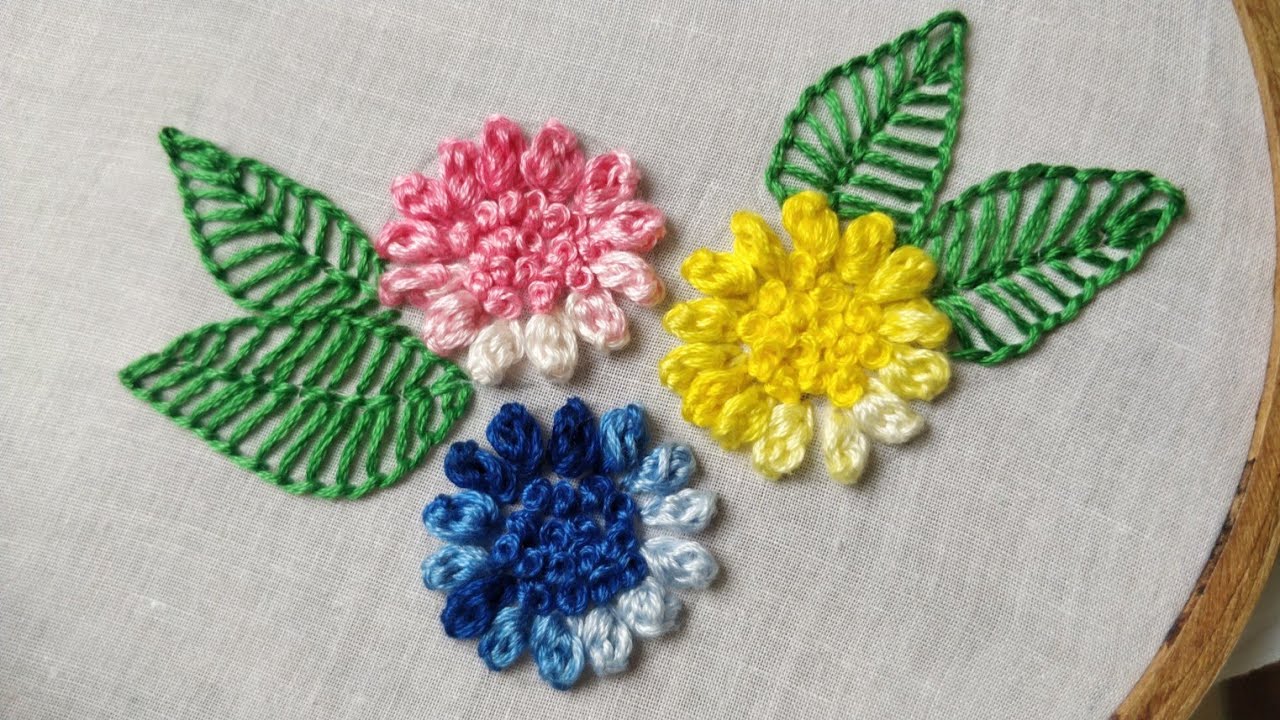 Fancy Flower Embroidery using Chain Stitch Modification (Hand Embroidery Work)