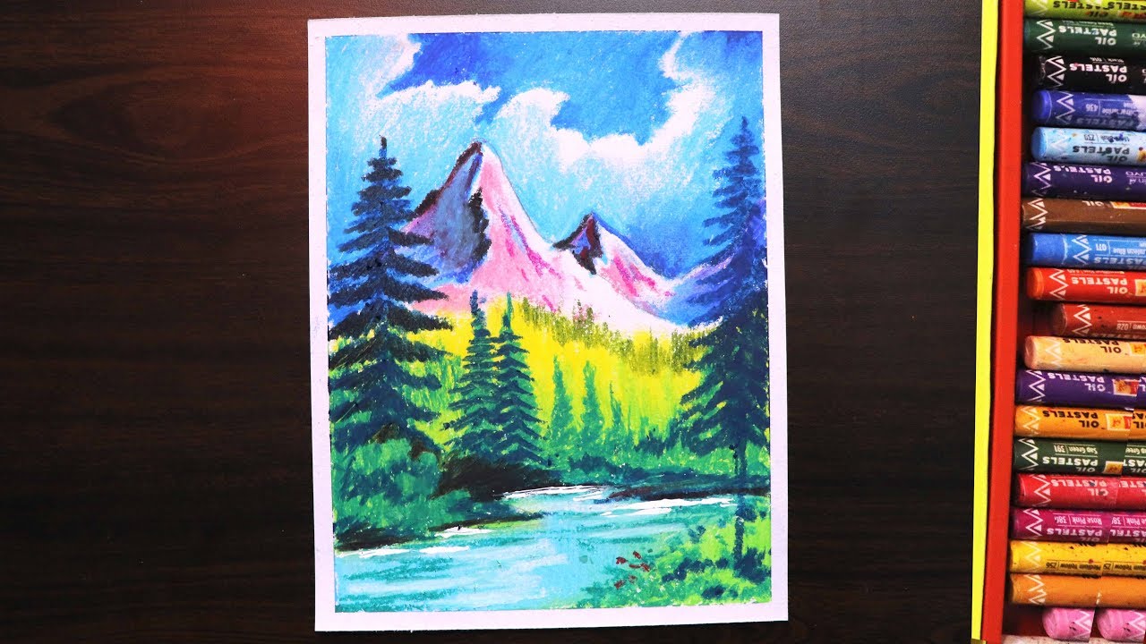 Drawing of Nature for beginners | Drawing of mountain landscape with oil pastel step by step