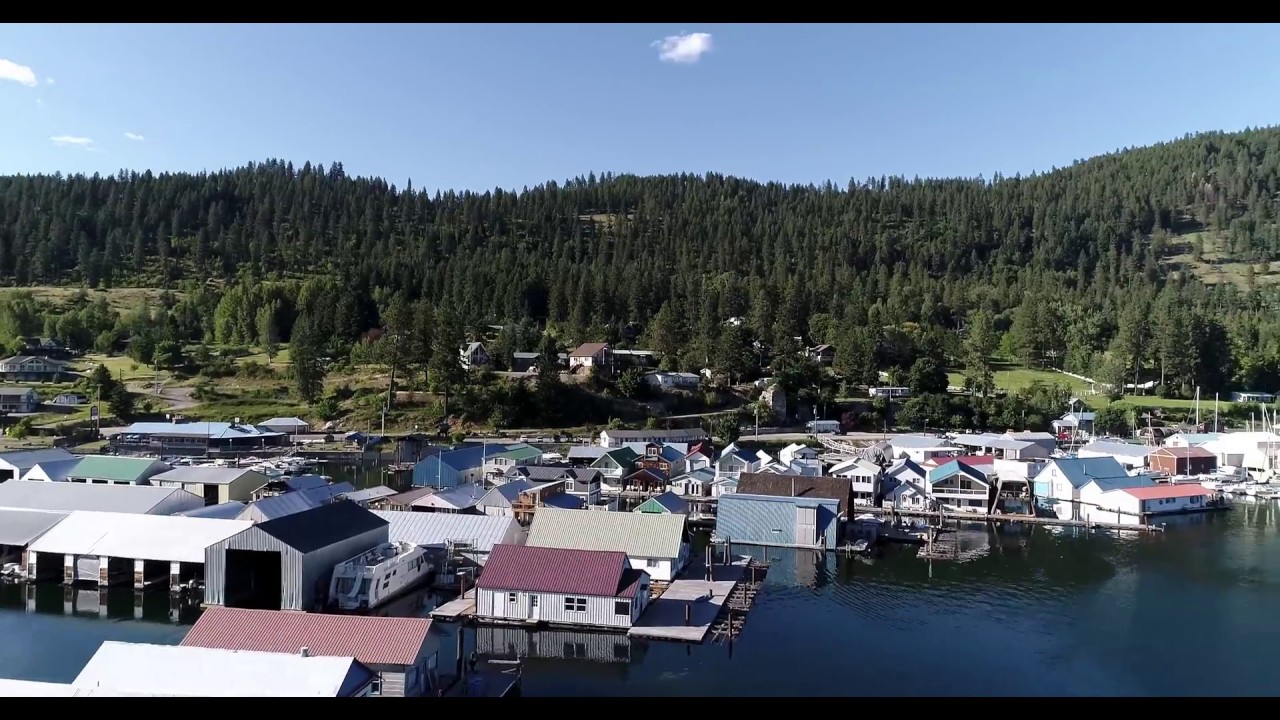 4k drone view of Bayview Idaho floating village