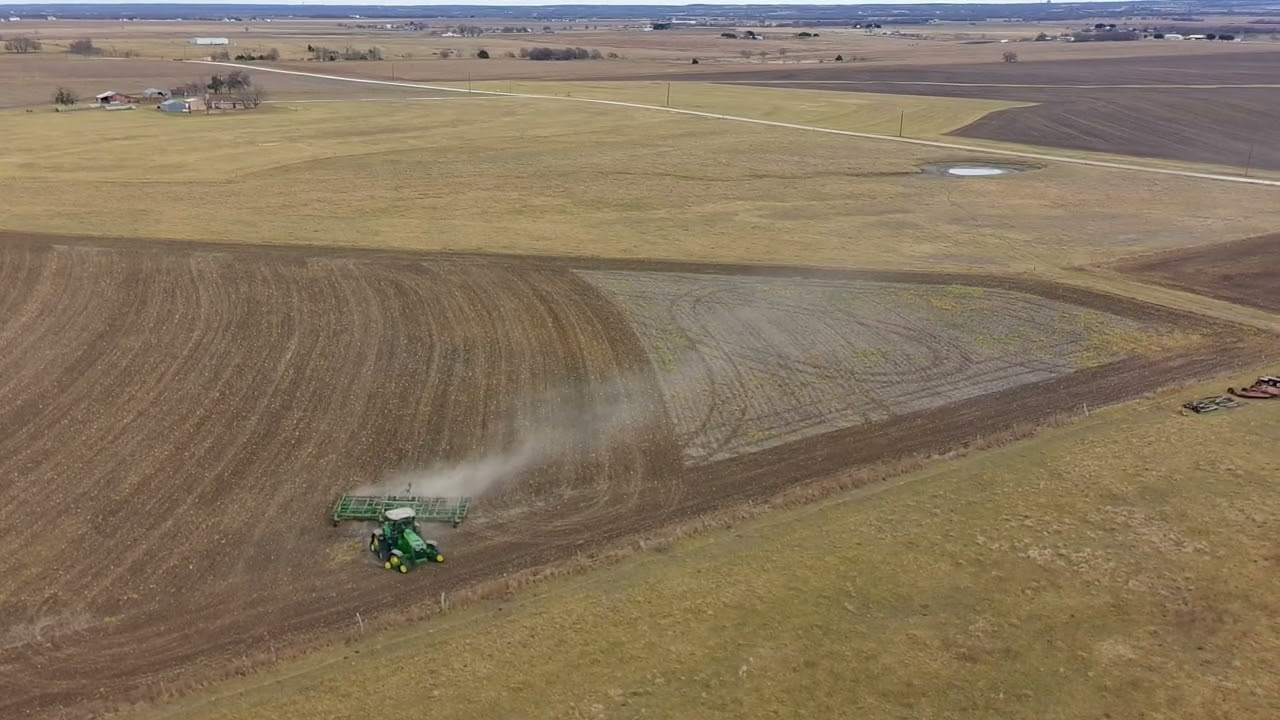 Drone footage from me and my dad doing last pass tillage on land owned by the Hengst family. 