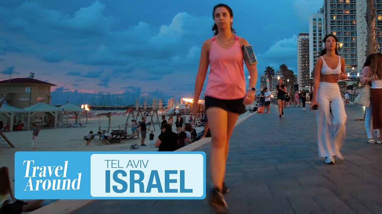 Sunset Walk On The Beach Promenade - Travel Around Tel Aviv  - 4K - Israel