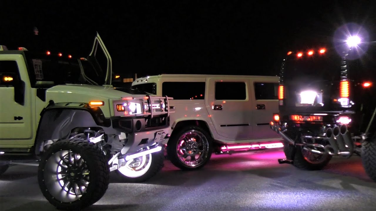 【ド派手な電飾ハマー集団！！】夜のSAに集結するアメ車のエンジンサウンド・加速サウンド