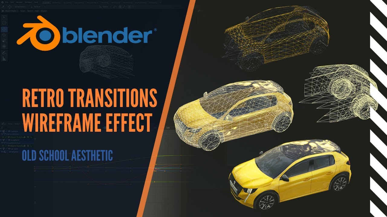 Retro-futuristic wireframe transition effect in Blender 2.8x with EEVEE, fastest and non-destructive