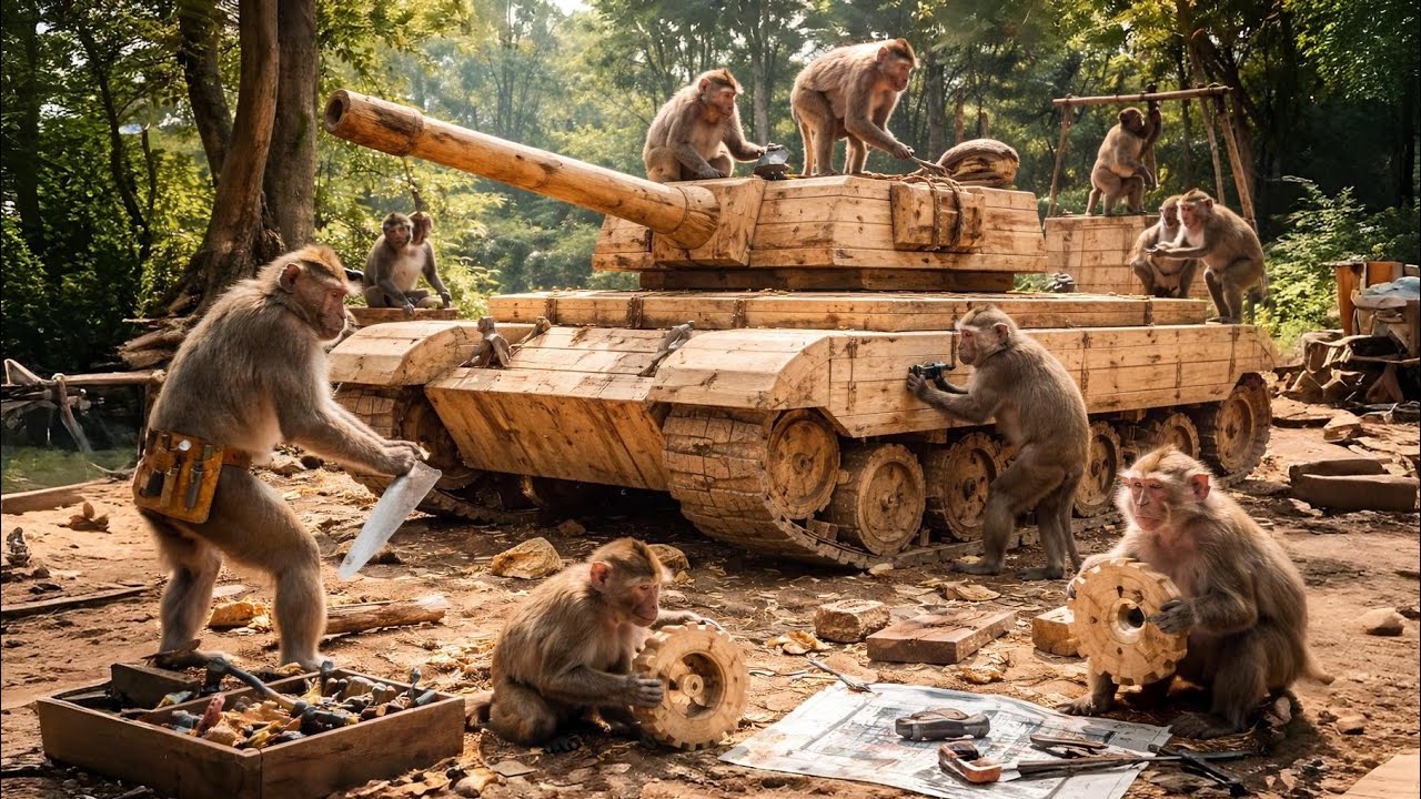 Skilled Monkeys Build a Realistic Wooden Tank in the Forest (Full Build)