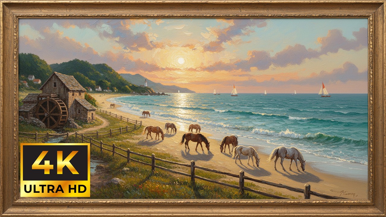 4K Vintage Oil Painting - Rhythm of Nature: Horses on the Beach | Frame TV Art Wallpaper (No Music)