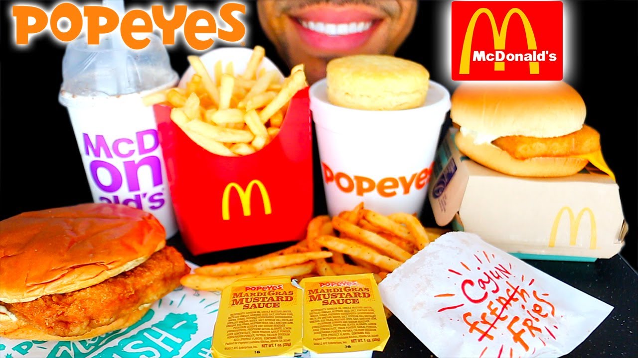 MCDONALD'S VS POPEYES FISH SANDWICHES RED BEANS & RICE CAJUN FRIES OREO MCFLURRY BISCUIT EATING SHOW