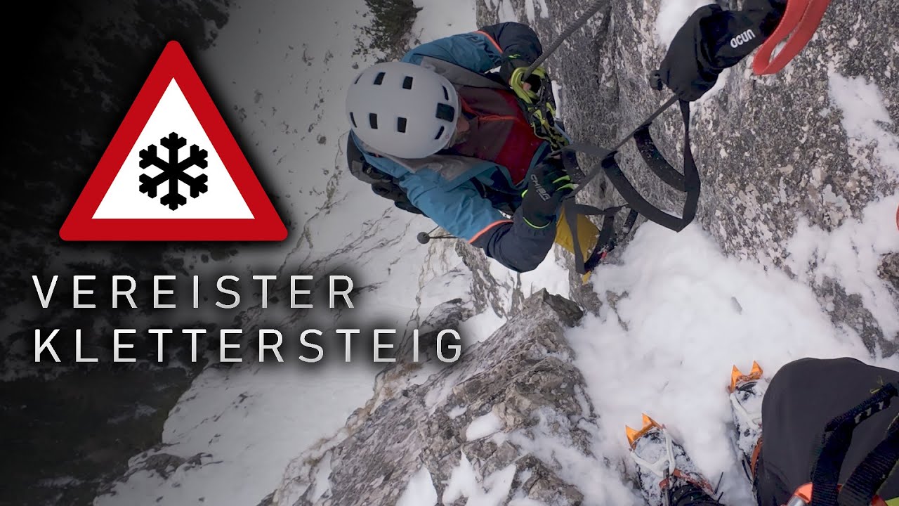 Vereister Klettersteig im Winter! Nur mit Zusatzausrüstung und viel Kletter-Erfahrung zu schaffen!