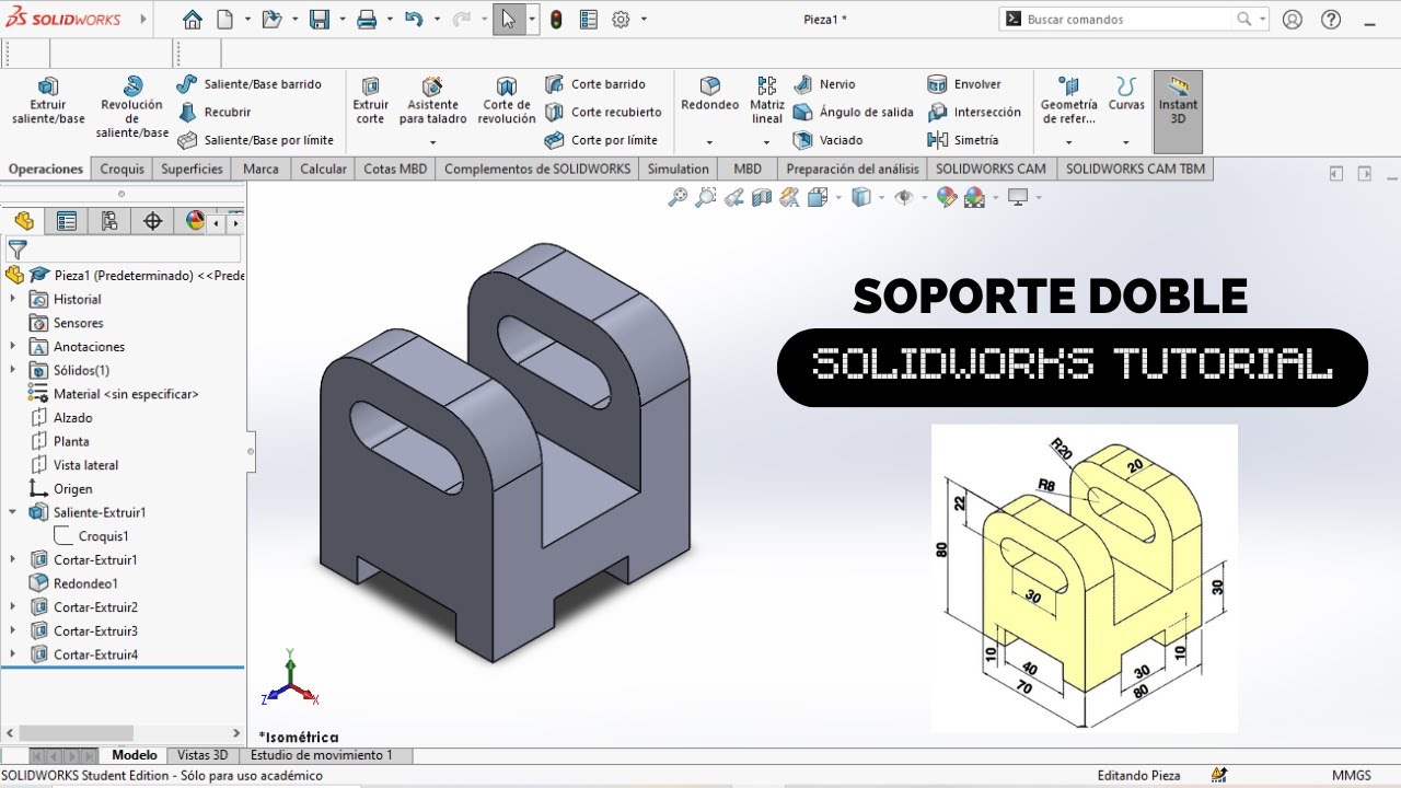 Modela este soporte doble arqueado en SolidWorks | Pieza fácil y simétrica
