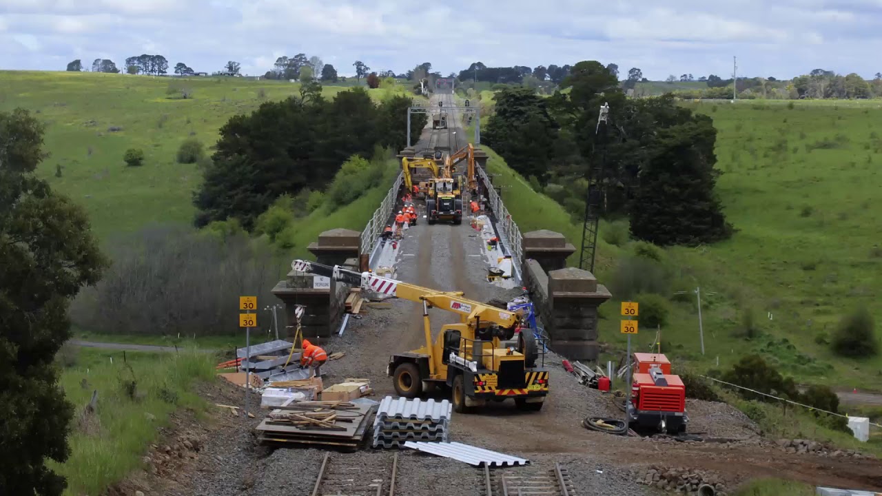 Victorian train bridge construction - time lapse and drone video