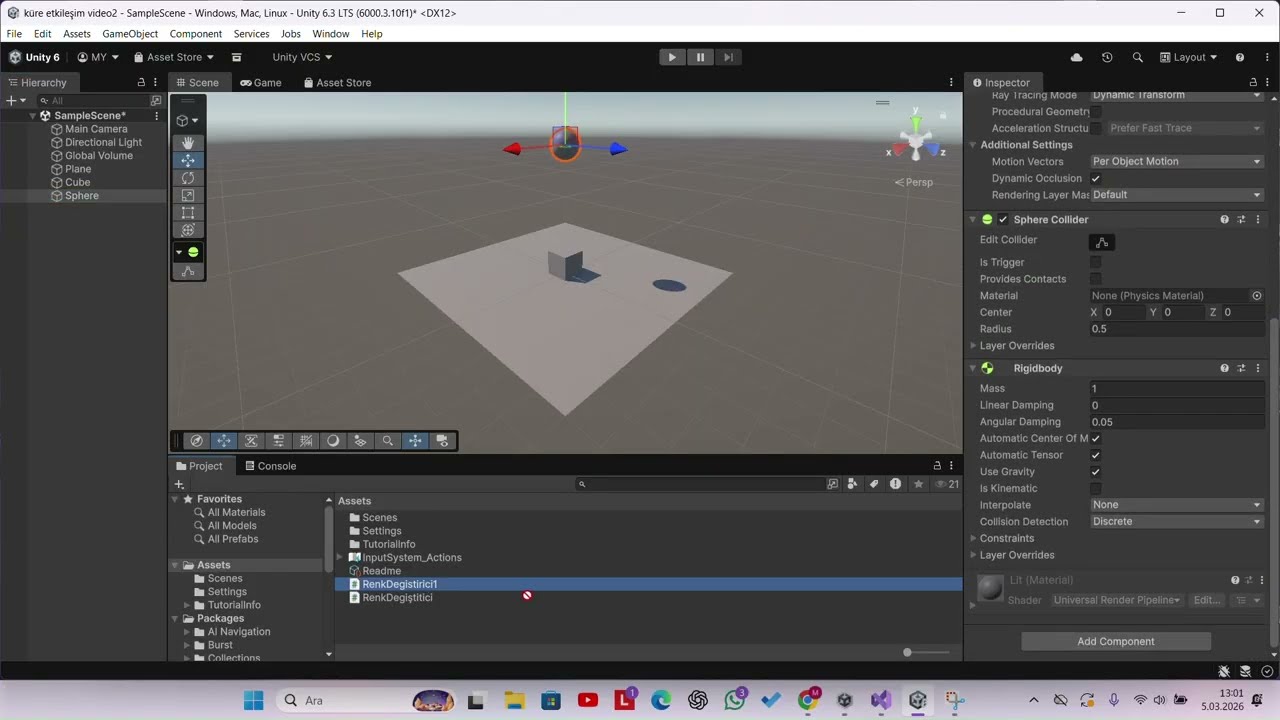 Temel Unity Fizik Motoru ve Obje Etkileşimi Uygulaması