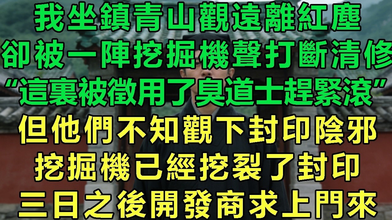 我坐鎮青山觀遠離紅塵，卻被一陣挖掘機聲打斷清修，“這裏被徵用了臭道士趕緊滾”,但他們不知觀下封印陰邪，挖掘機已經挖裂了封印，三日之後開發商求上門來#故事 #靈異故事 #情感故事 #玄學