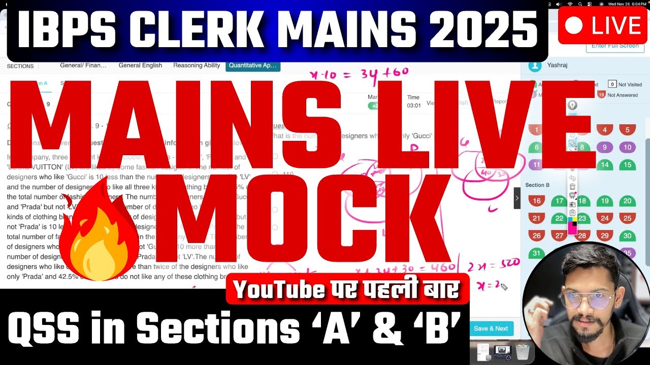 🤯 Live Mock IBPS Clerk Mains | Learn the Smartest Approach for Section A & B | Yashraj Sir | Veteran