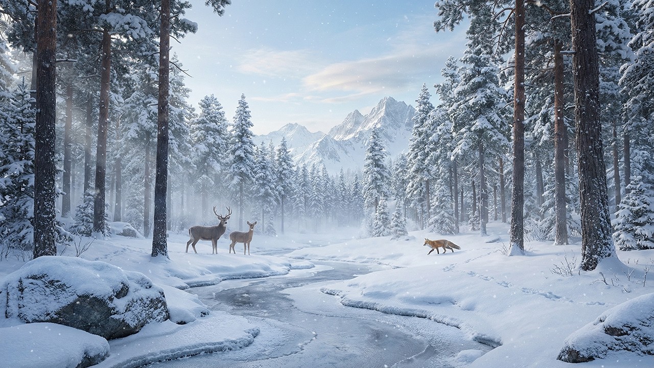4K Quiet Snowy Forest – Cozy Mountain Village with Smooth Piano for Sleep, Study & Calm Mind